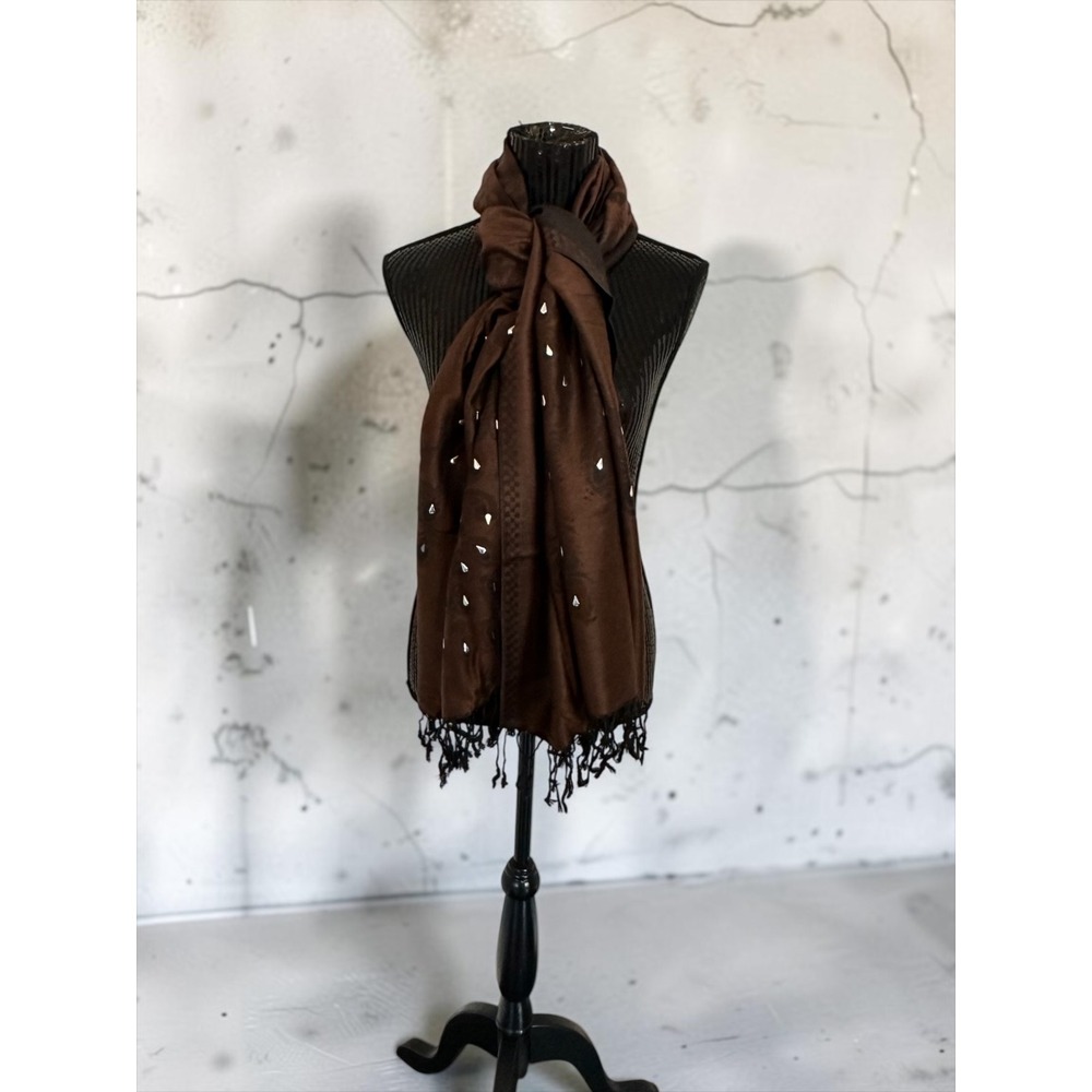Dark Brown Peacock Floral Studded Pashmina 69x27" Scarf Women OS